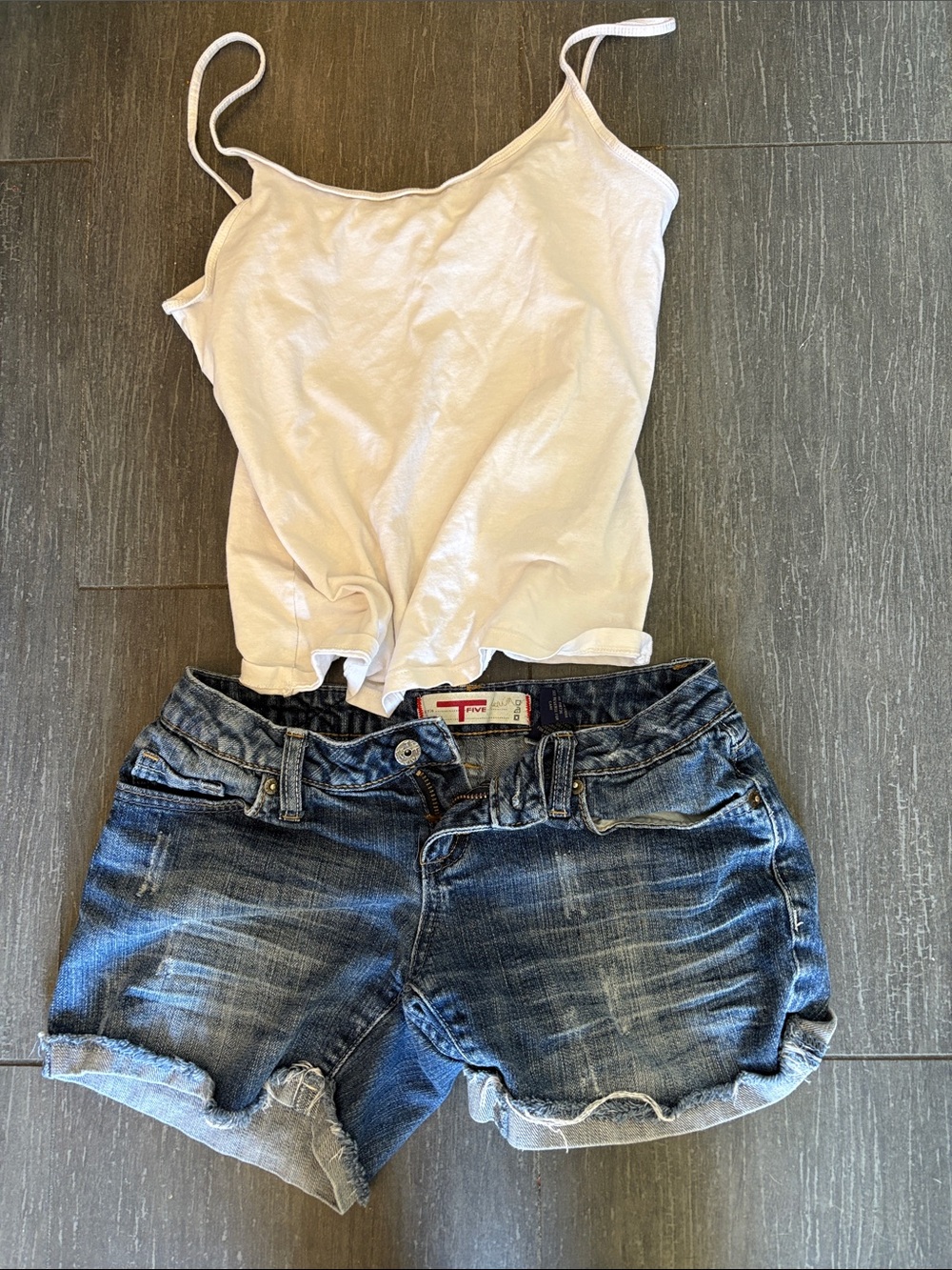 White Spaghetti Strap Tank Top and Distressed Denim Shorts, shorts sz3,